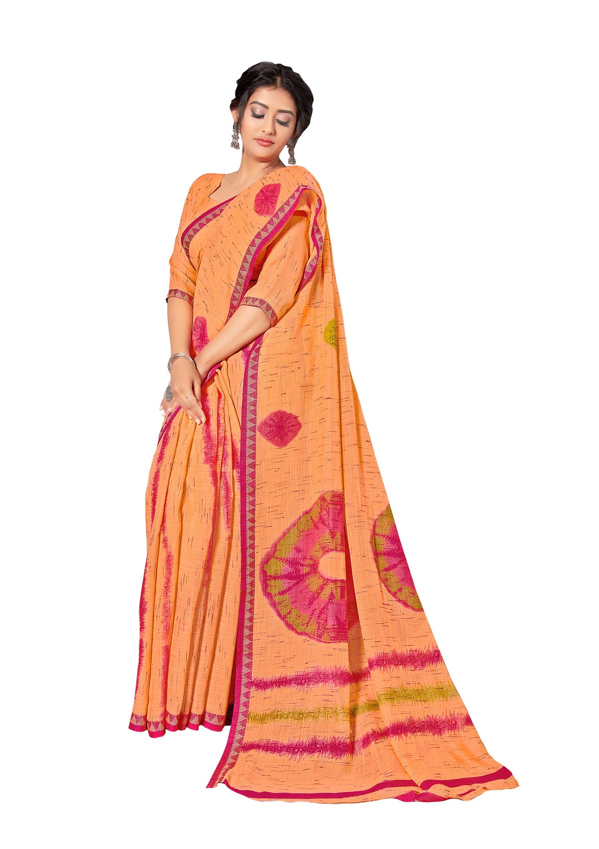 DRAVINAM Trends Women's Woven Catonic Pure Linen Slub Bordered Saree with Blouse Piece (Orange)