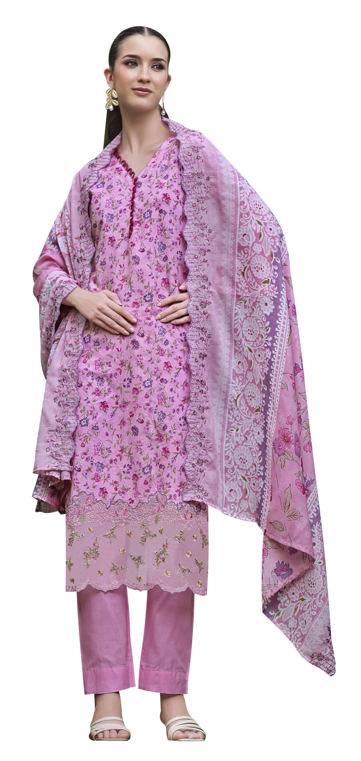 DRAVINAM Trends Women's Stitched Digital Print Embroidered Scalloping Cutwork Pure Cotton Kurta Pant Suit Set with Cotton Embroidered Scalloping Cutwork Dupatta (XL / 42)