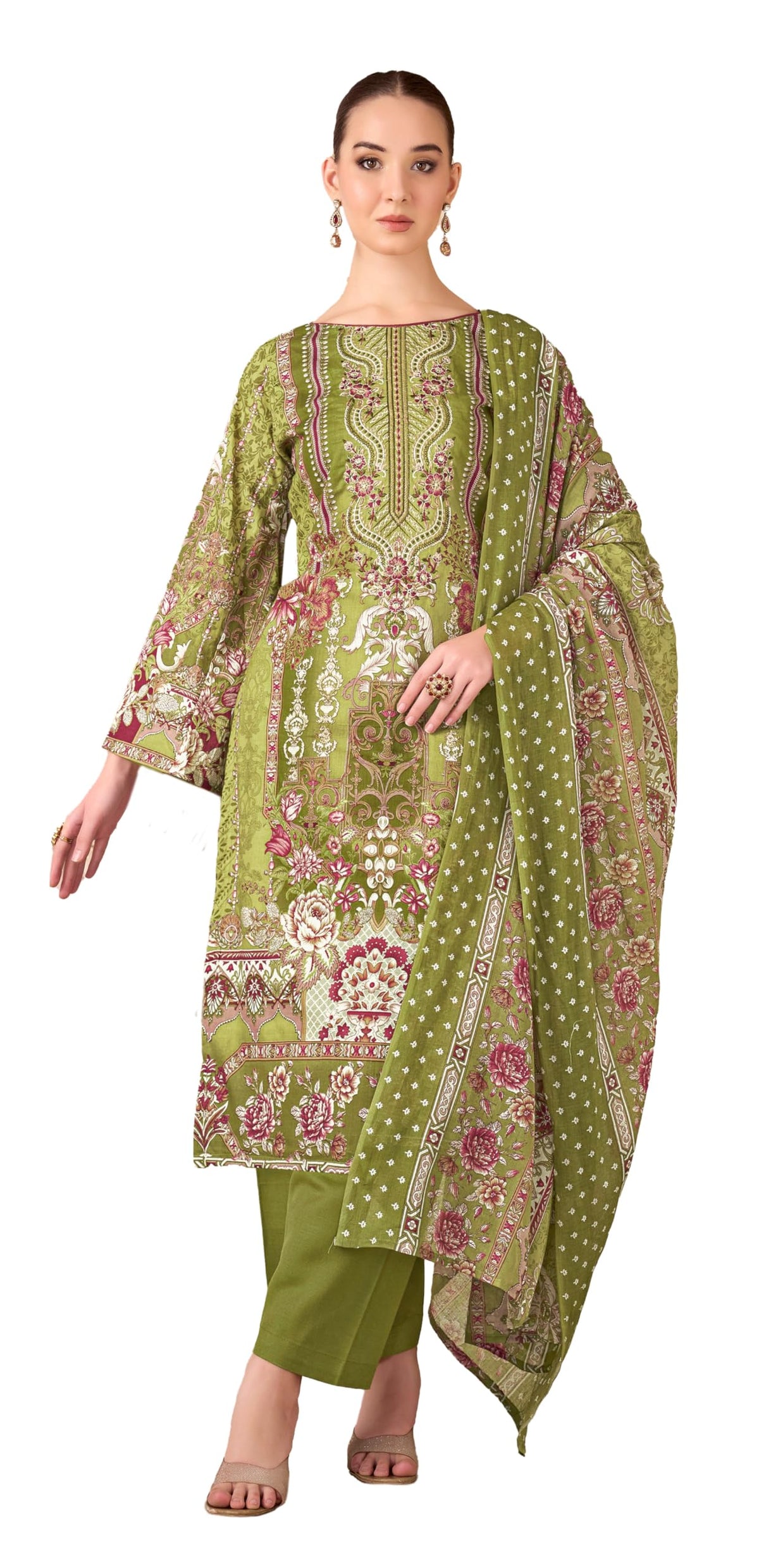 DRAVINAM Trends Unstitched Pakistani Embroidered Pure Cambric Cotton Salwar Suit Dress Materials with Cotton Dupatta