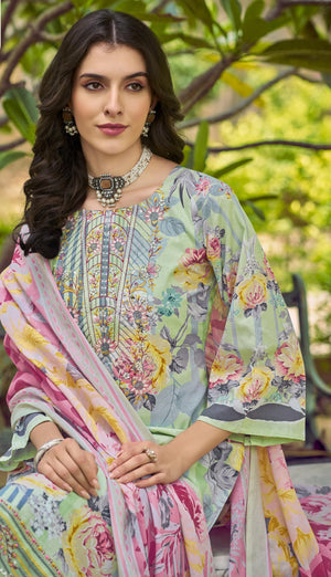 DRAVINAM Trends Women's Pure Cotton Digital Printed Suit with Exclusive Heavy Self-Embroidery Neck & Organza Daman Embroidery | Mal Mal Cotton Printed Dupatta & Bottom – Ready to Wear (OLIVE, XXL)