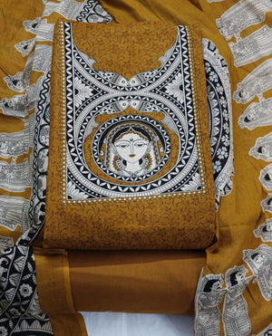 DRAVINAM Trends Women's Handblock Dabu Print Pure Cotton Unstitched Salwar Suit Dress Material with Peacock Motif & Mulmul Dupatta