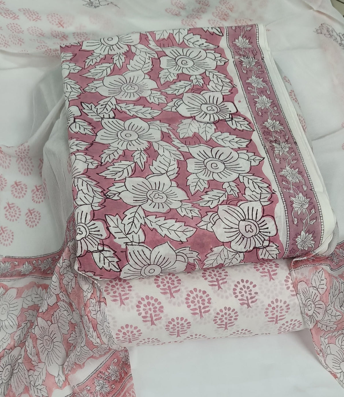 DRAVINAM Trends Hand Block Print Pure Cambric Cotton Unstitched Suit Material with Chiffon Hand Printed Dupatta