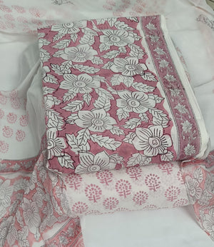 DRAVINAM Trends Hand Block Print Pure Cambric Cotton Unstitched Suit Material with Chiffon Hand Printed Dupatta