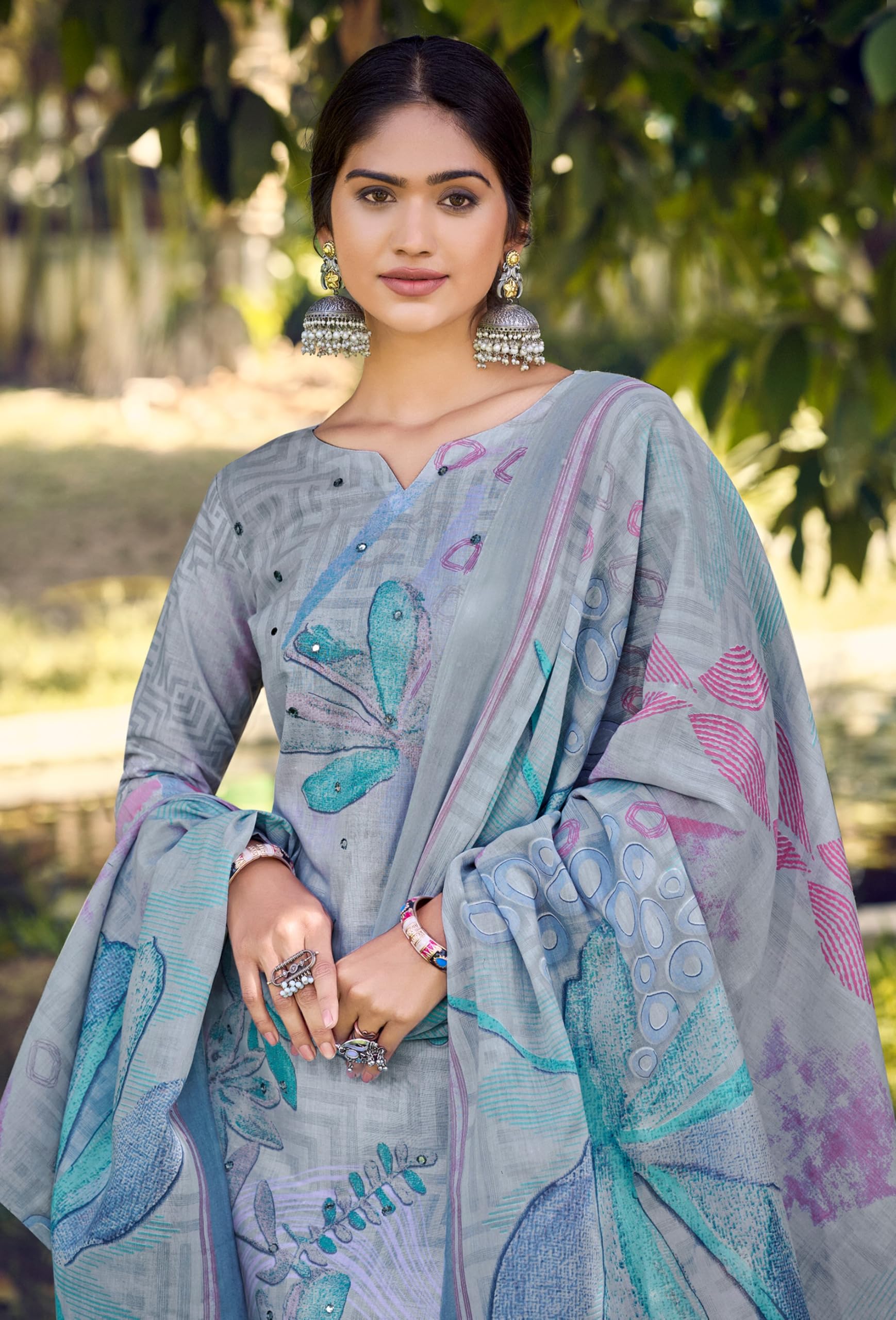 DRAVINAM Trends Women's Unstitched Salwar Suit Dress Material - Cotton Digital Printed Organza Embroidered Kameez II Unstitch Bottoms II Cotton Dupatta