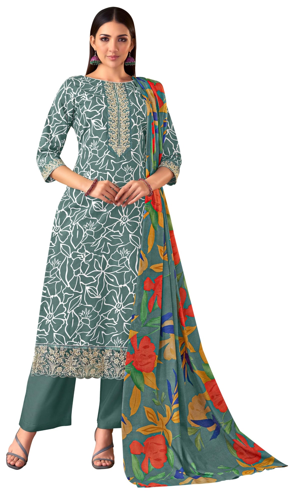 DRAVINAM Trends Women's Unstitched Premium Cotton Printed Embroidered Suit Material