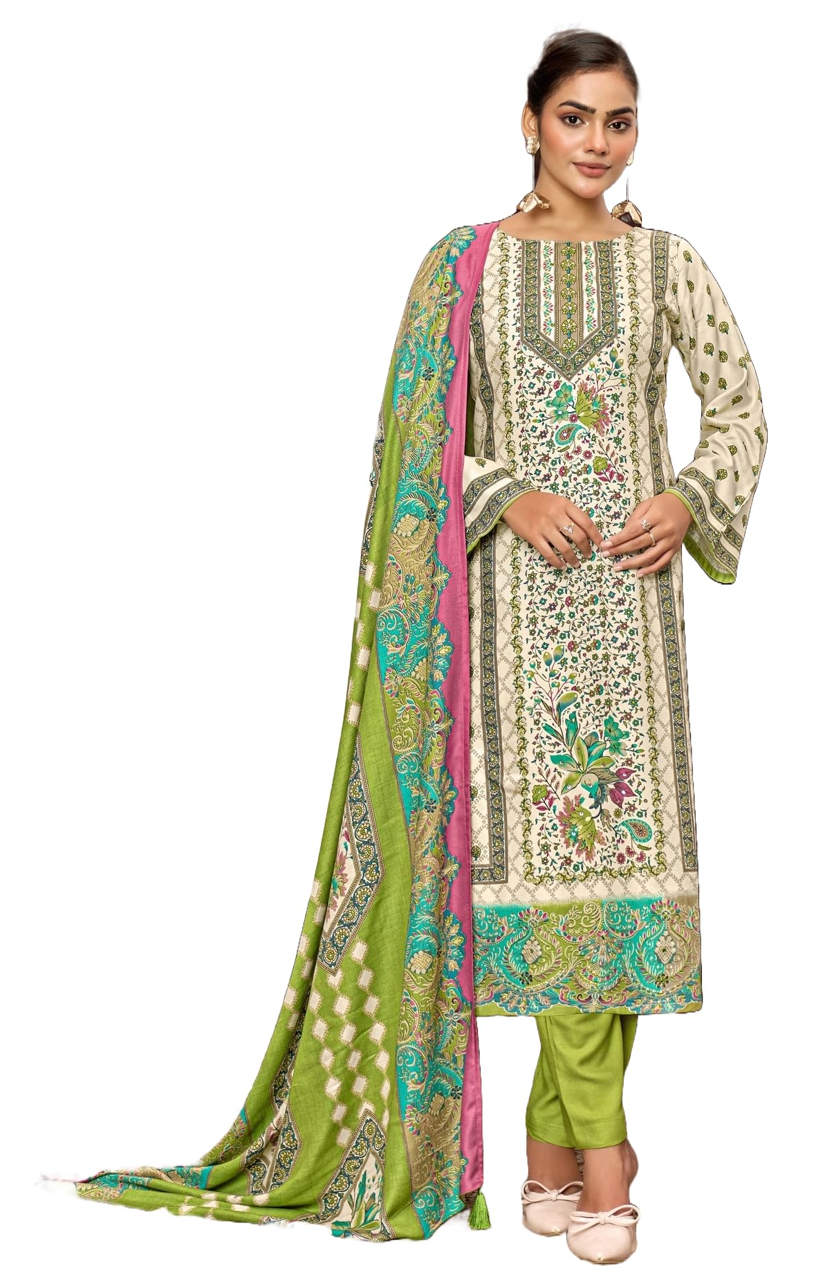 DRAVINAM Trends Women's Winter Wear Unstitched Digital Kani Printed Viscose Pashmina Woollen Salwar Suit Dress Material with Khatli Work Foil touchup and Pashmina Digital Printed Shawl Dupatta