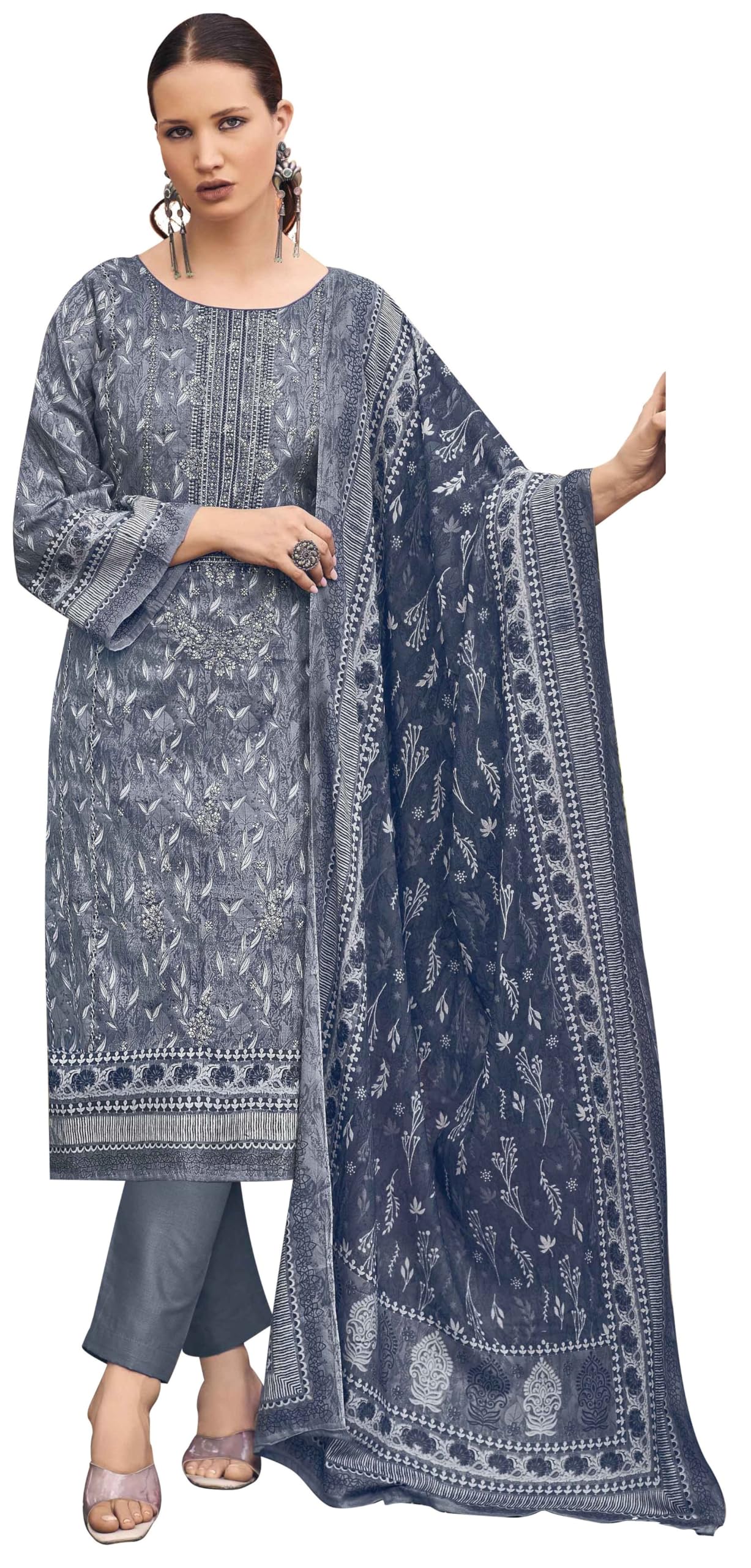 DRAVINAM Trends Women's Pure Lawn Cotton Pakistani Embroidered Salwar Suit Dress Material with Unstitched Bottoms and Printed Cotton Dupatta