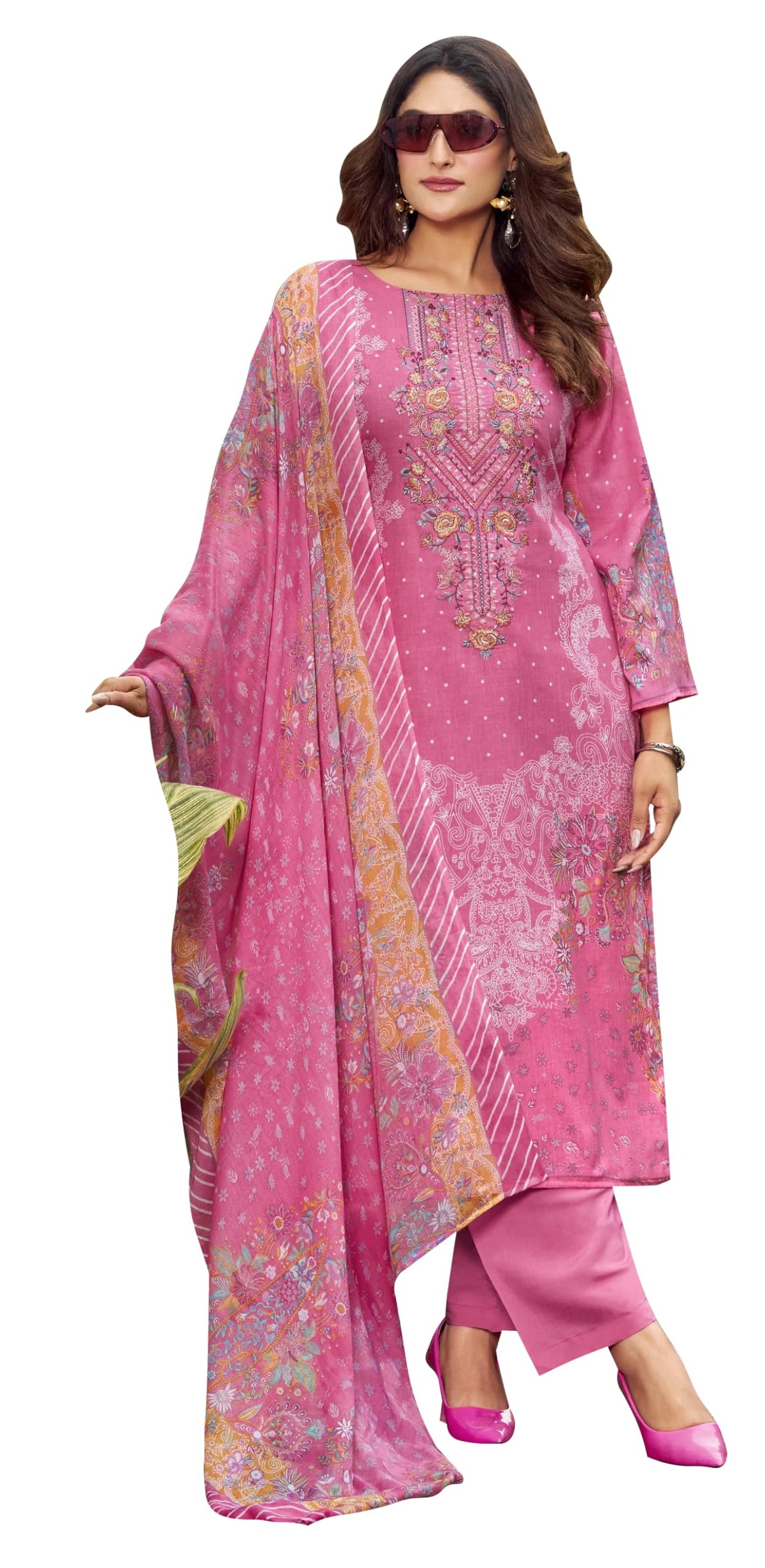 DRAVINAM Trends Women's Unstitched Cotton Suit Dress Material - Printed Embroidered Top II Plain Bottoms II Print Dupatta
