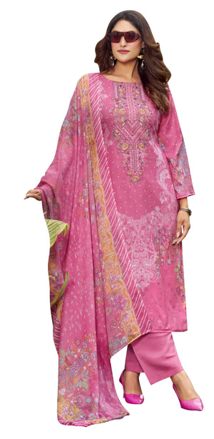 DRAVINAM Trends Women's Unstitched Cotton Suit Dress Material - Printed Embroidered Top II Plain Bottoms II Print Dupatta