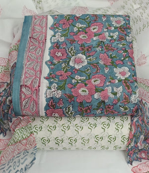 DRAVINAM Trends Hand Block Print Pure Cambric Cotton Unstitched Suit Material with Chiffon Hand Printed Dupatta
