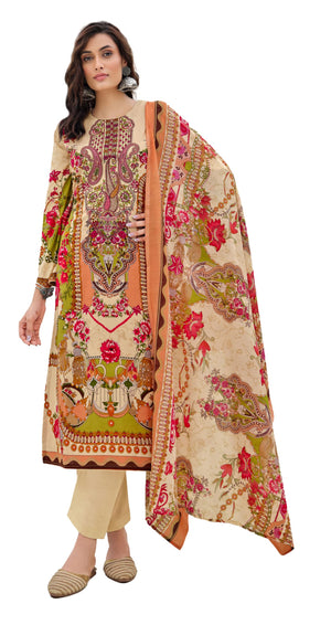DRAVINAM Trends Women's Lawn Cotton Pakistani Embroidered Suit Dress Material with Unstitched Bottoms and Cotton Dupatta