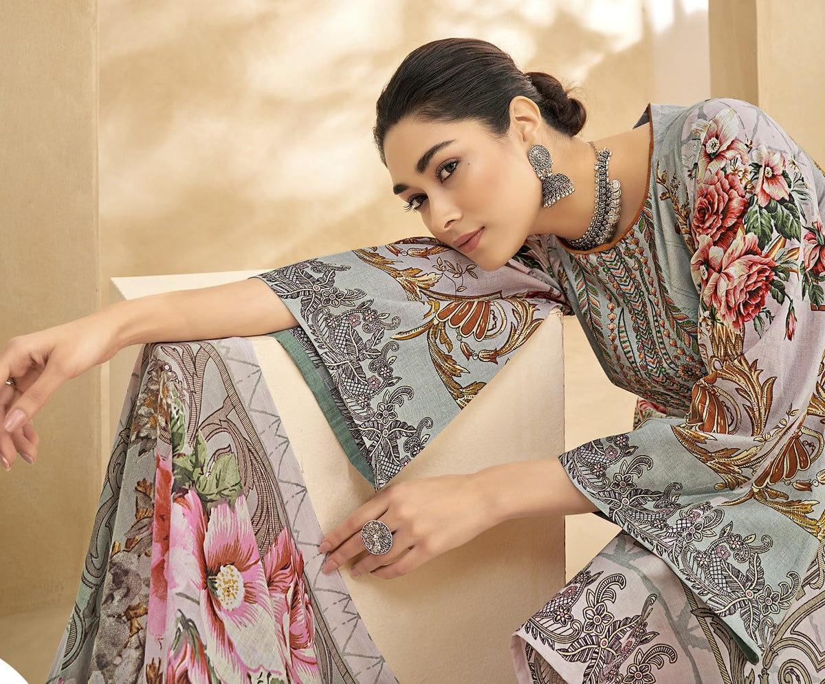 DRAVINAM Trends Women's Unstitched Digital Pakistani Print Embroidered Cambric Cotton Salwar Suit Dress Materials with Cotton Printed Dupatta