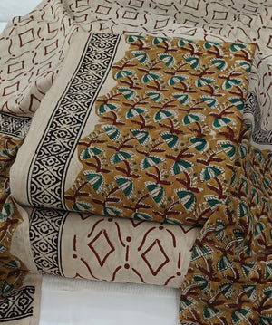 DRAVINAM Trends Women's Jaipuri Pure Cotton Handmade Floral Block Bagh Print Unstitched Dress Material Set with Dupatta (Top, Bottom, and Dupatta Fabric)
