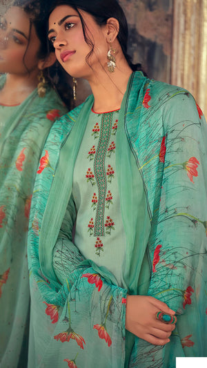 DRAVINAM Trends Women's Office Wear Pure Jam Cotton Digital Printed Heavy Embroidered Salwar Suit Material with Pure Bemberg Half Pure Four Side Lace Dupatta/Chunni (Green)