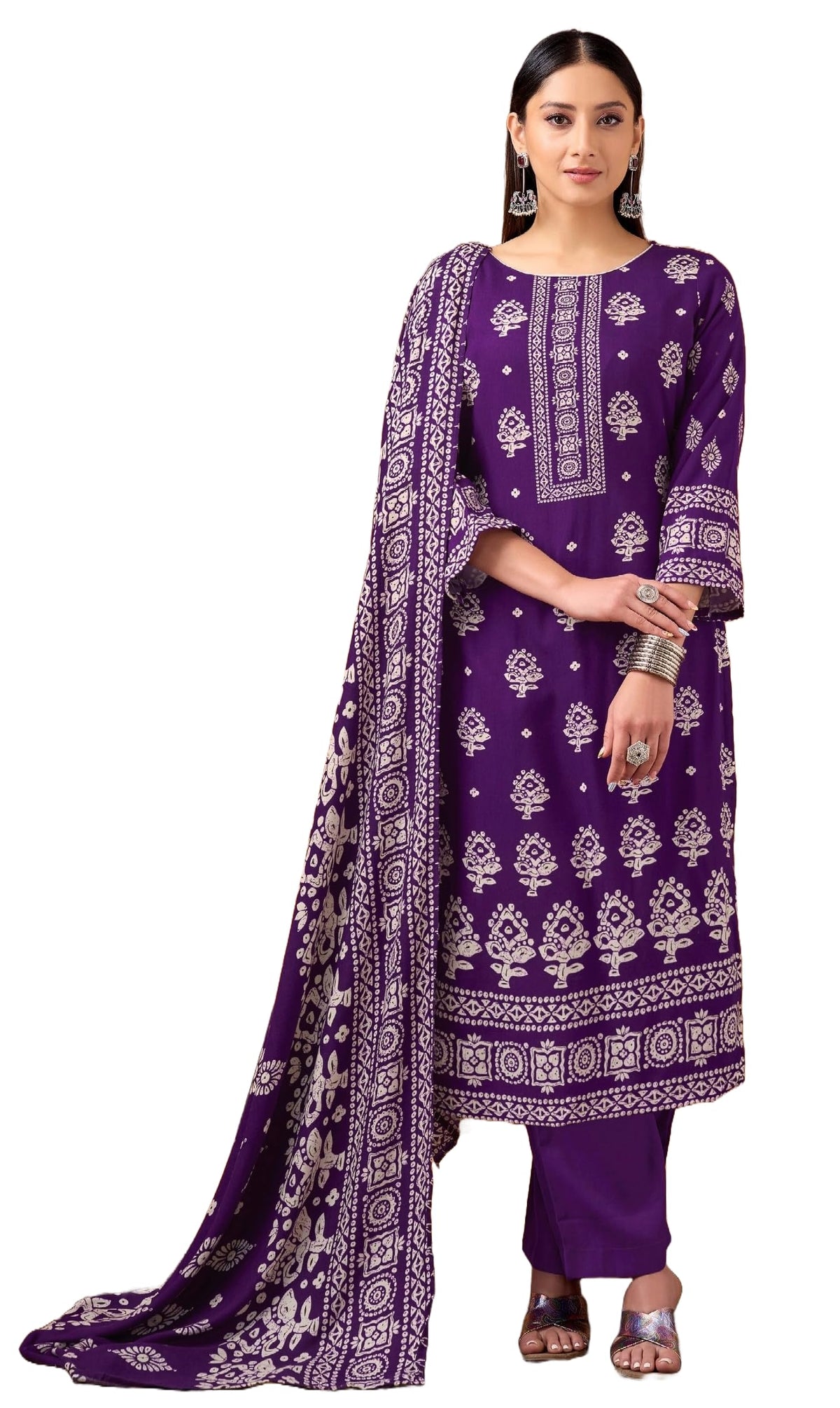DRAVINAM Trends Women's Winter Wear Unstitched Discharge Print Hand Work Woollen Viscose Pashmina Salwar Suit Dress Material with Pashmina Printed Shawl Dupatta