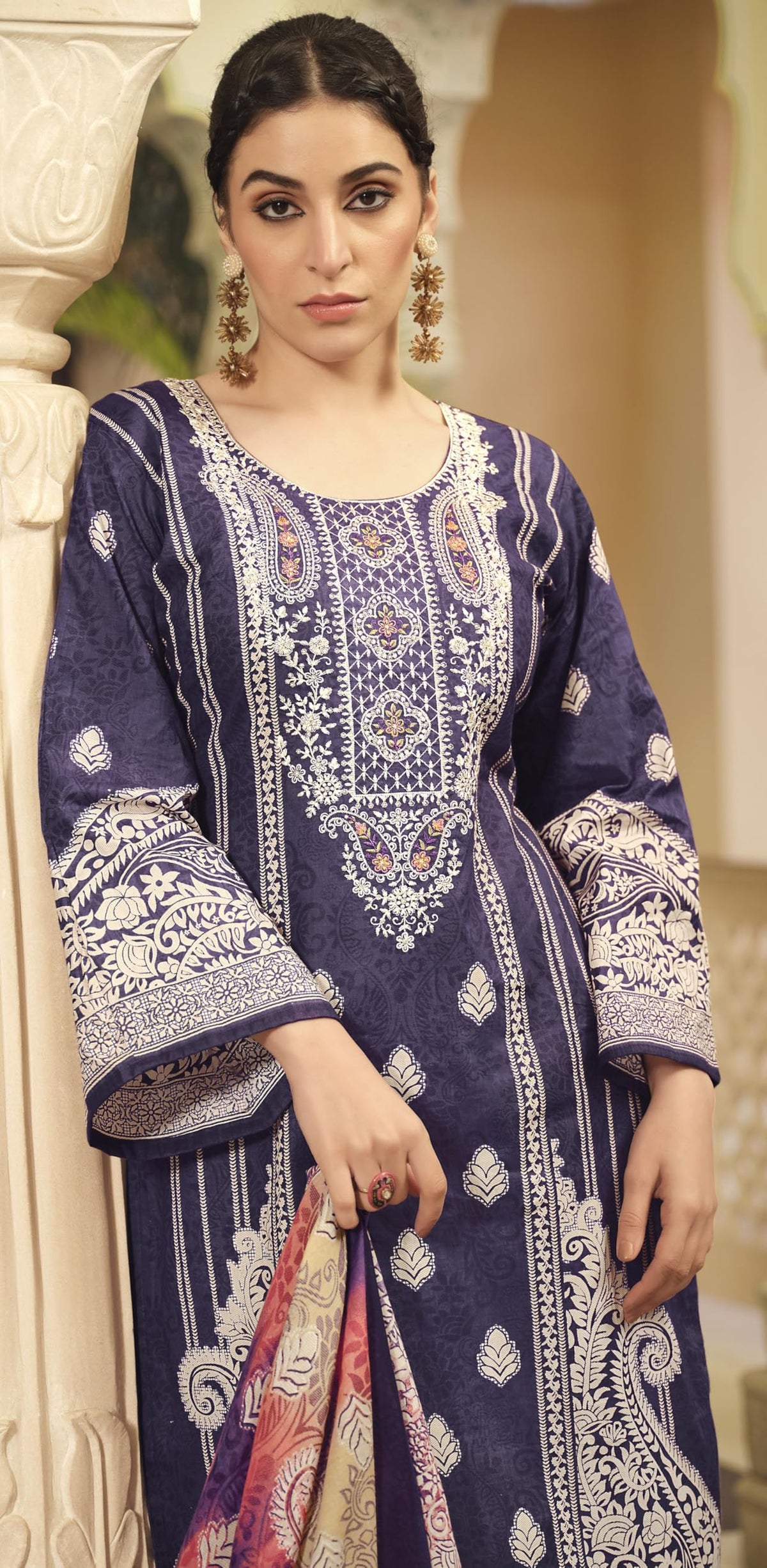DRAVINAM Trends Unstitched Pakistani Embroidered Pure Cotton Salwar Suit Dress Materials with Cotton Dupatta