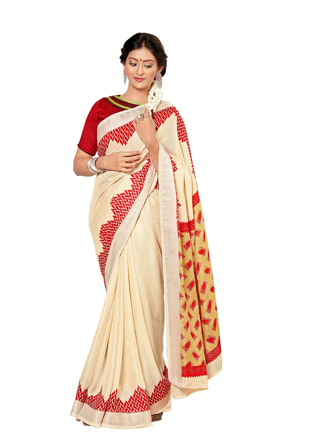 DRAVINAM Trends Women's Khadi Linen Saree With Un-stitched Blouse (SareePe_3_Cream & Red)