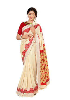 DRAVINAM Trends Women's Khadi Linen Saree With Un-stitched Blouse (SareePe_3_Cream & Red)
