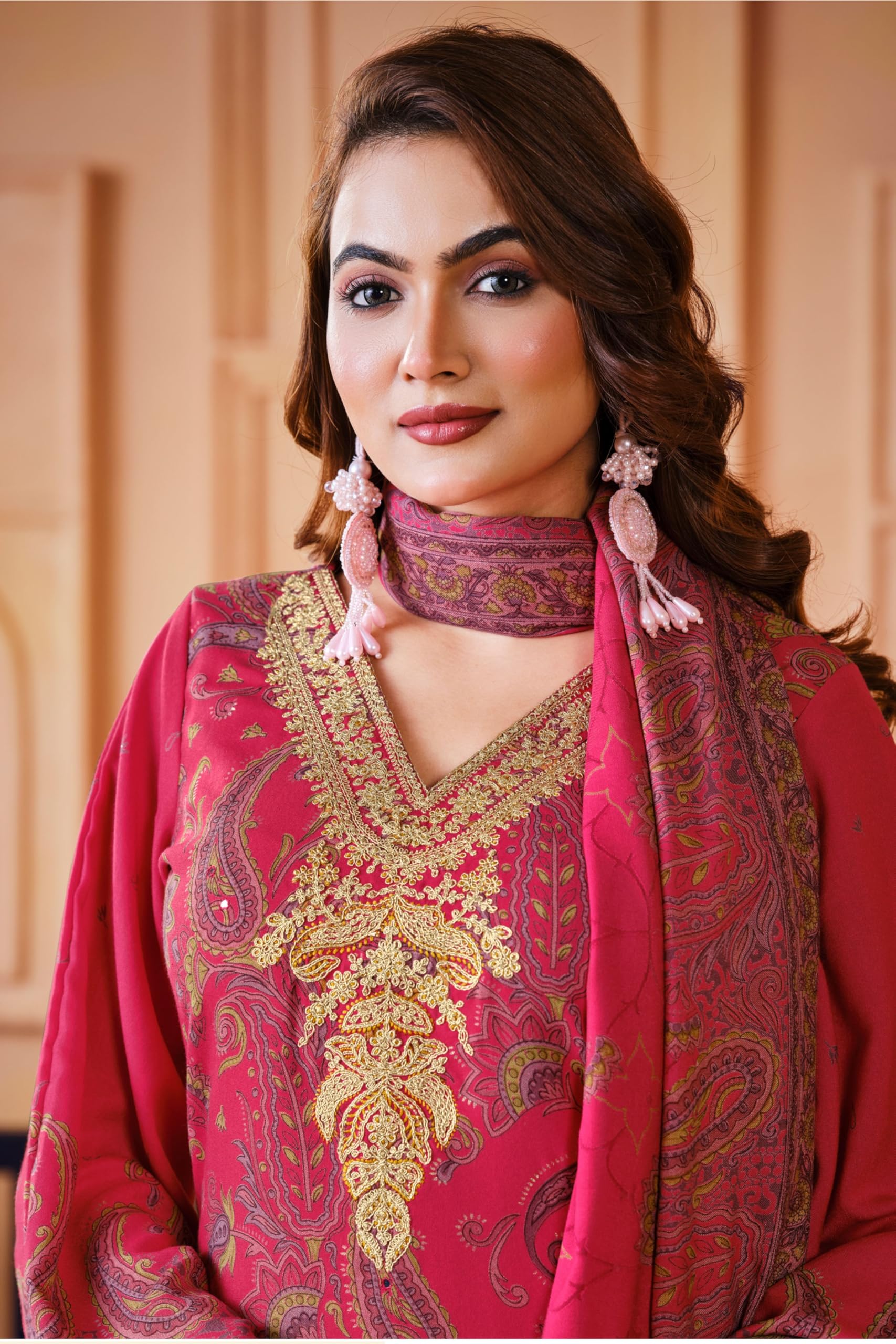DRAVINAM Trends Women's Winter Wear Unstitched Digital Kashmiri Paisley Printed Heavy Neck Embroidered Pashmina Salwar Suit Dress Material with Khatli Work Foil touchup and Pashmina Shawl