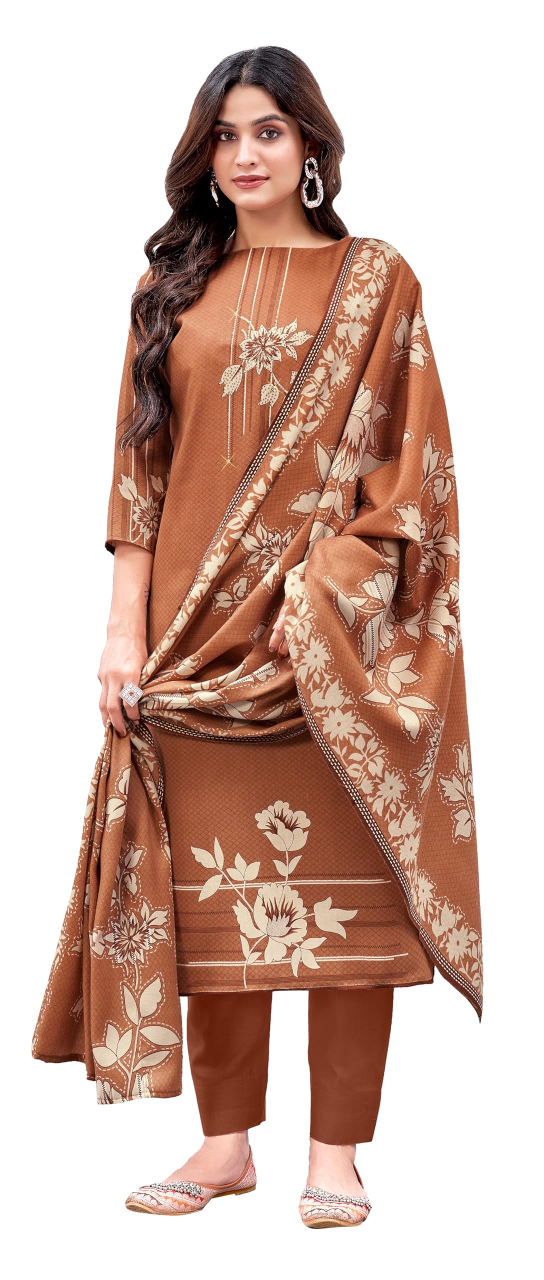 DRAVINAM Trends Women's Winter Wear Floral Printed Warm Wool Pashmina Salwar Kameez Dress Material with Swaroski Work and Pashmina Printed Shawl Dupatta