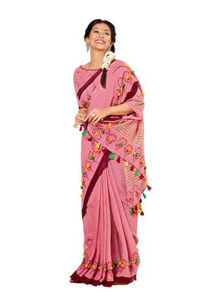 DRAVINAM Trends Women's Khadi Linen Saree With Blouse Piece (SareePN_7_Onion Pink)