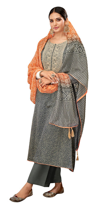DRAVINAM Trends Unstitched Bandhani Printed Pure Jam Cotton Suit Material with Embroidery and Pure Maslin Dupatta