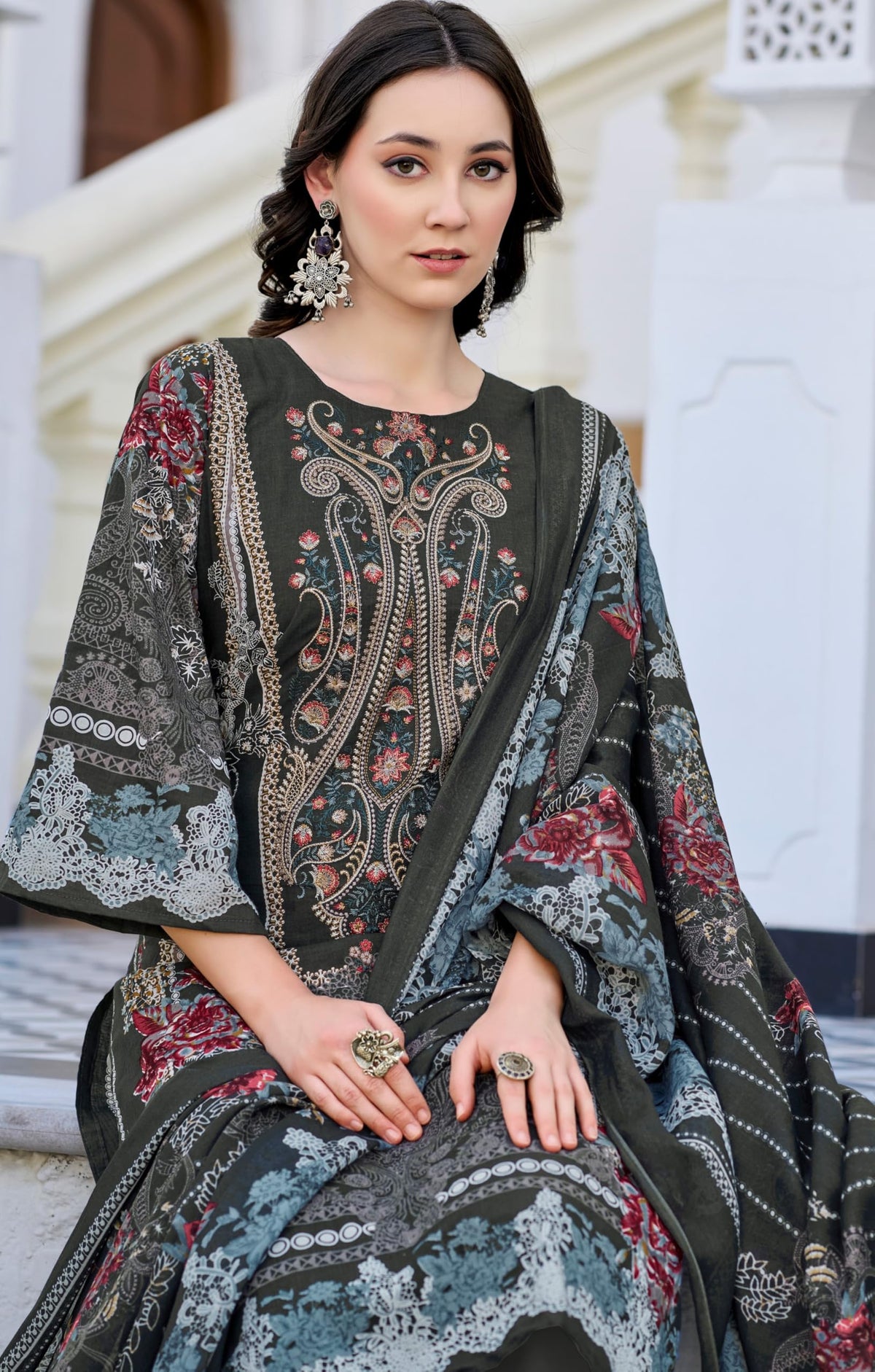 DRAVINAM Trends Women's Unstitched Salwar Suit Dress Material - Cotton Digital Printed Organza Embroidered Kameez II Unstitch Bottoms II Cotton Dupatta