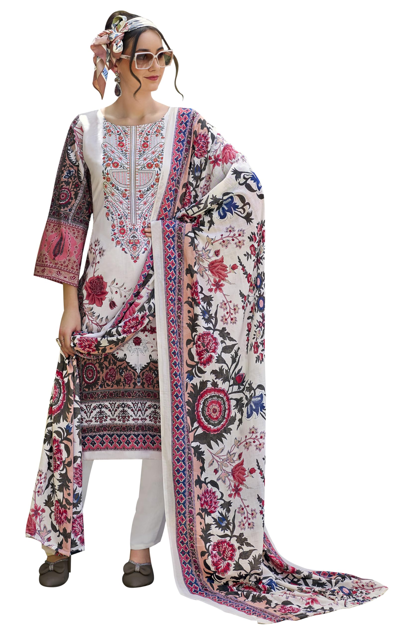 DRAVINAM Trends Kurti 2.50 mtrs, Pure Cotton (3 mtrs apx), Pure MAL MAL Cotton Dupatta Digital Print|Light Grey