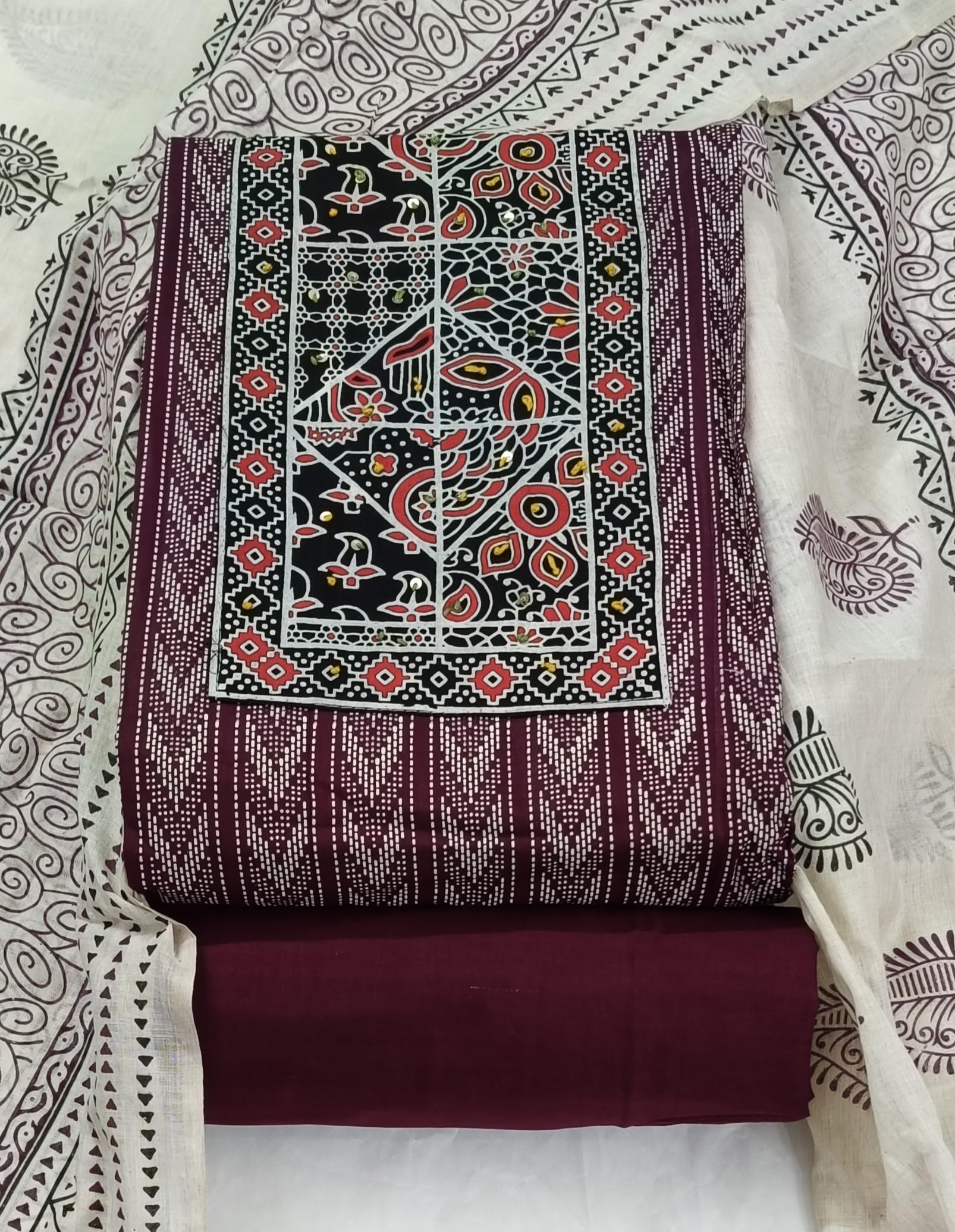 DRAVINAM Trends Women's Cambric Cotton Dress Material | Unstitch Kalamkari Printed Suit Set with Cotton Dupatta