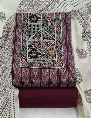 DRAVINAM Trends Women's Cambric Cotton Dress Material | Unstitch Kalamkari Printed Suit Set with Cotton Dupatta