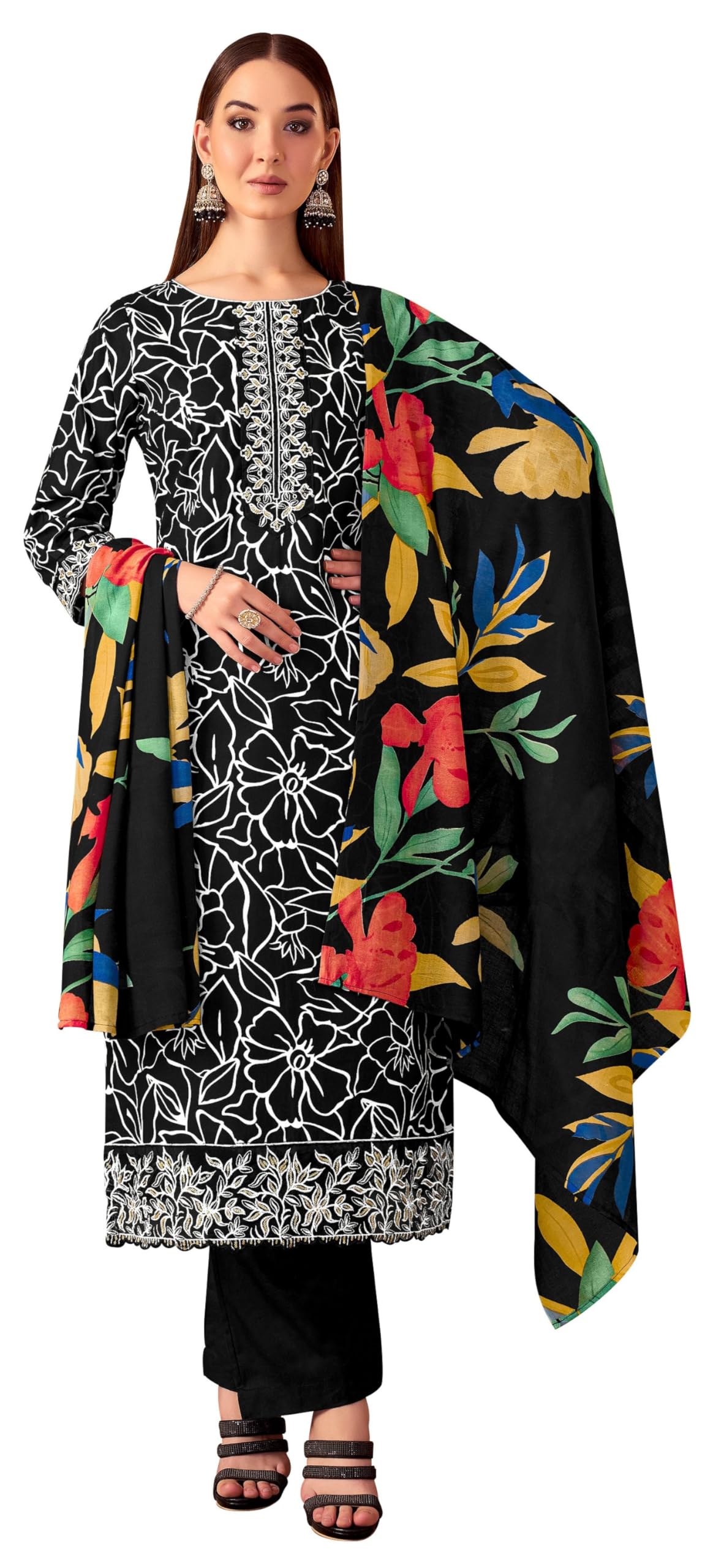 DRAVINAM Trends Women's Unstitched Premium Cotton Printed Embroidered Suit Material