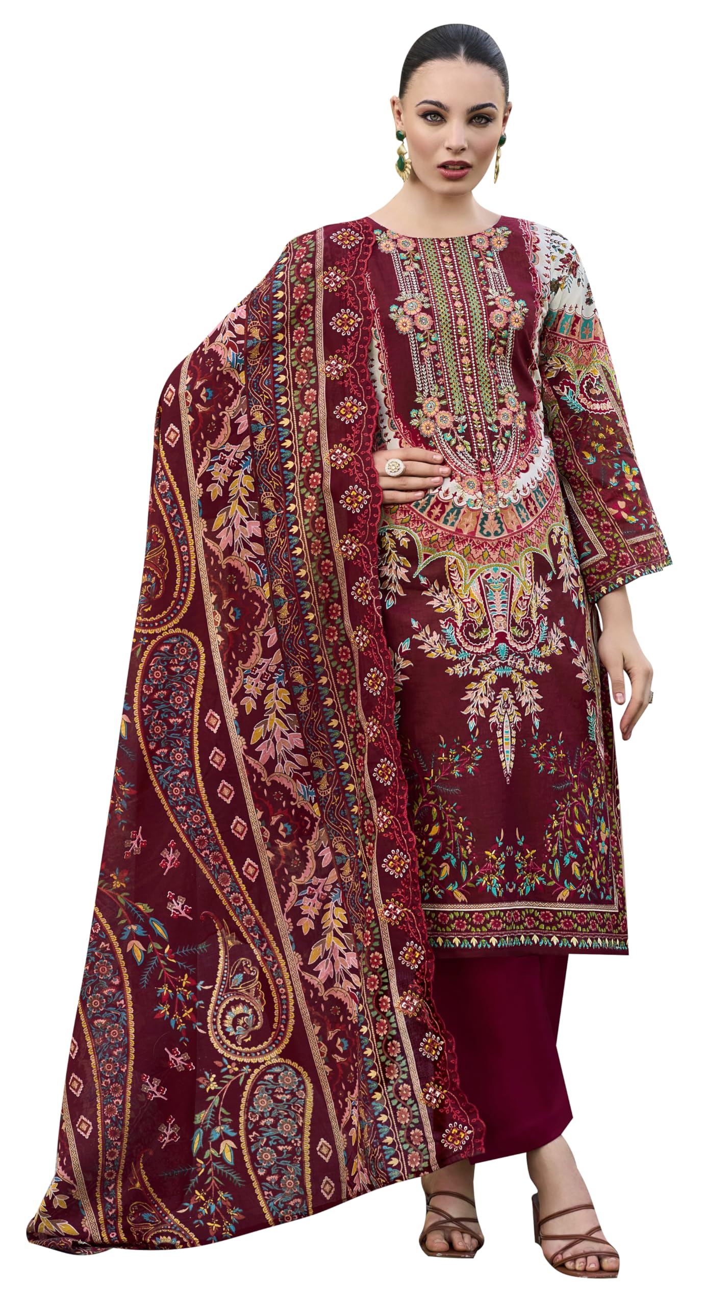 DRAVINAM Trends Women's Unstitched Pakistani Digital Print Embroidered Pure Cotton Salwar Suit Dress Materials with Cotton Embroidered Cutwork Dupatta