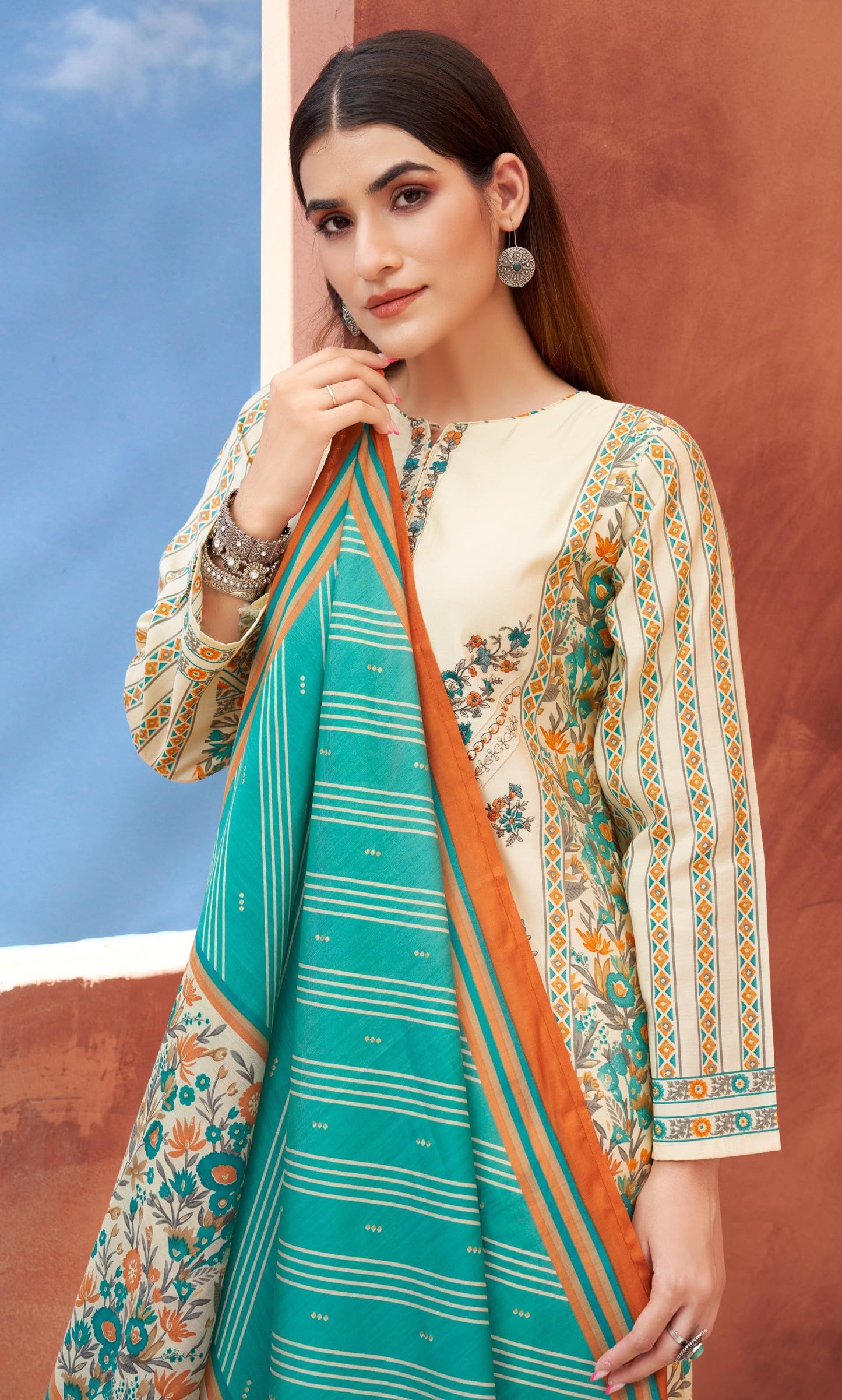 DRAVINAM Trends Women's Unstitched Masline Embroidered Suit Material - Viscose Maslin Embroidered Printed Shirt II Maslin Bottoms II Maslin Digital Printed Dupatta