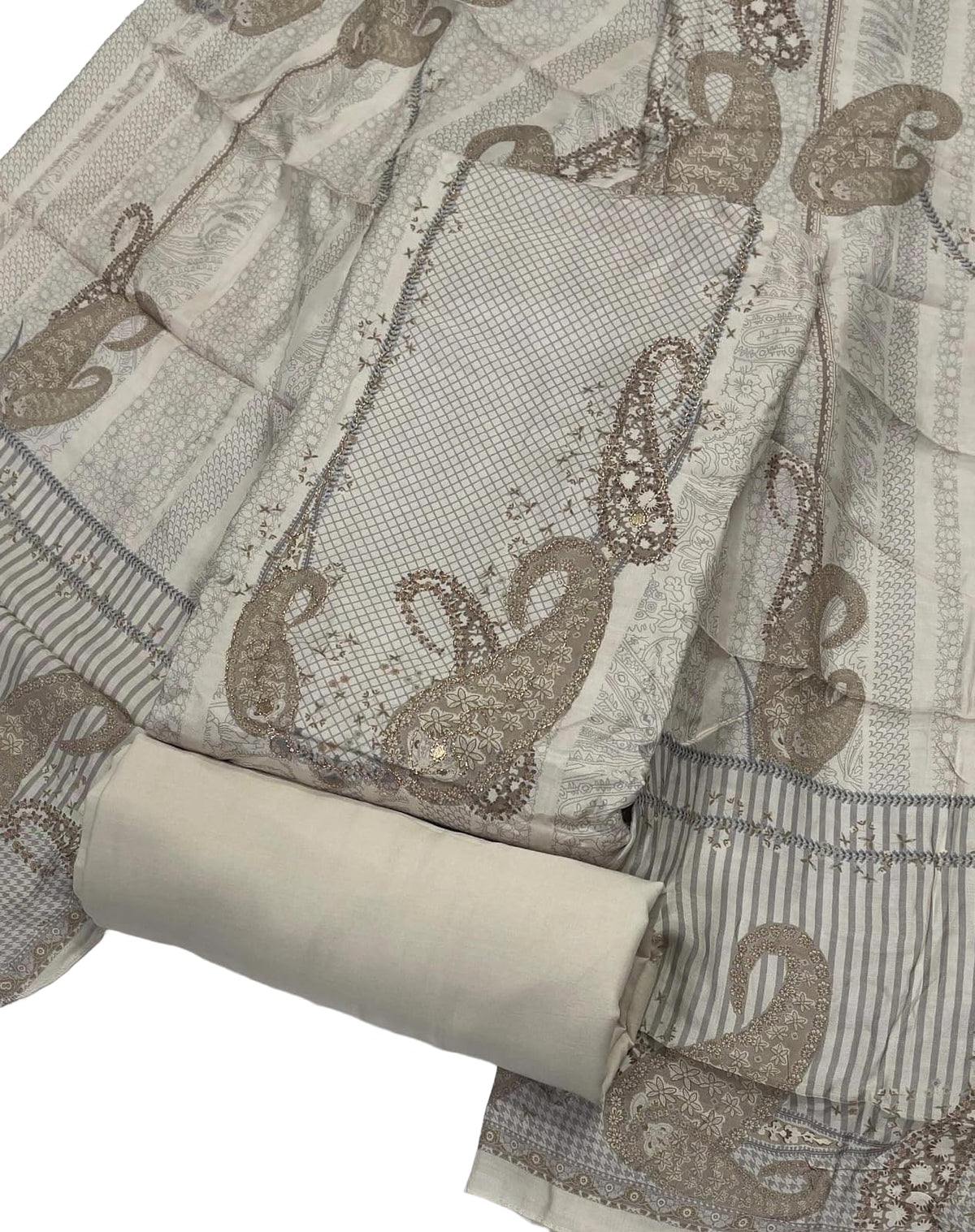 DRAVINAM Trends Women's Elegant Taupe & Off-White Embroidered Pure Muslin Dress Material with Printed Dupatta