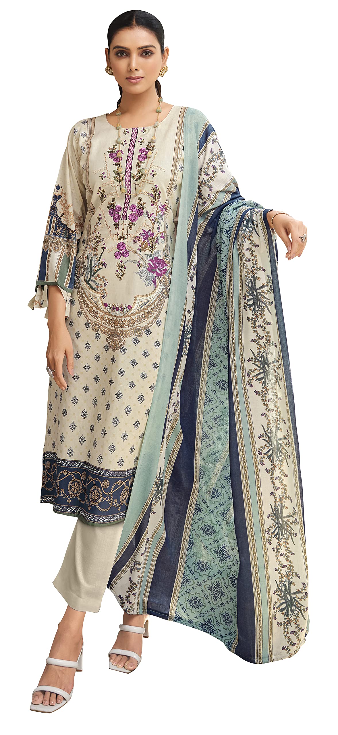 DRAVINAM Trends Women Unstitched Pakistani Print Embroidered Cotton Salwar Suit Dress Materials with Dupatta, Free Size