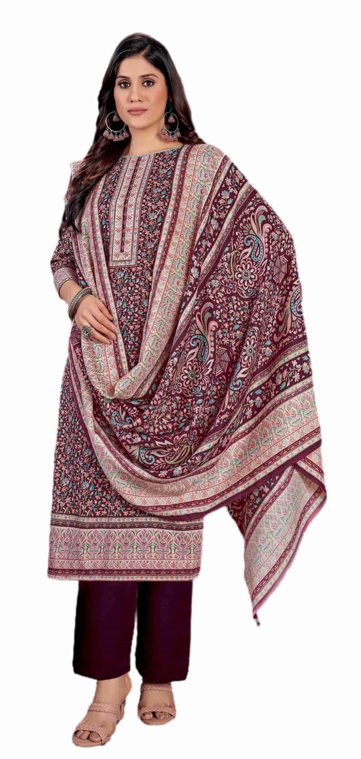 DRAVINAM Trends Women's Unstitched Kaani Digital Print Swaroski Work Spun Pashmina Winter wear Dress Material Fabric for Salwar Suit with printed Pashmina Kashmiri shawl dupatta (Free size)