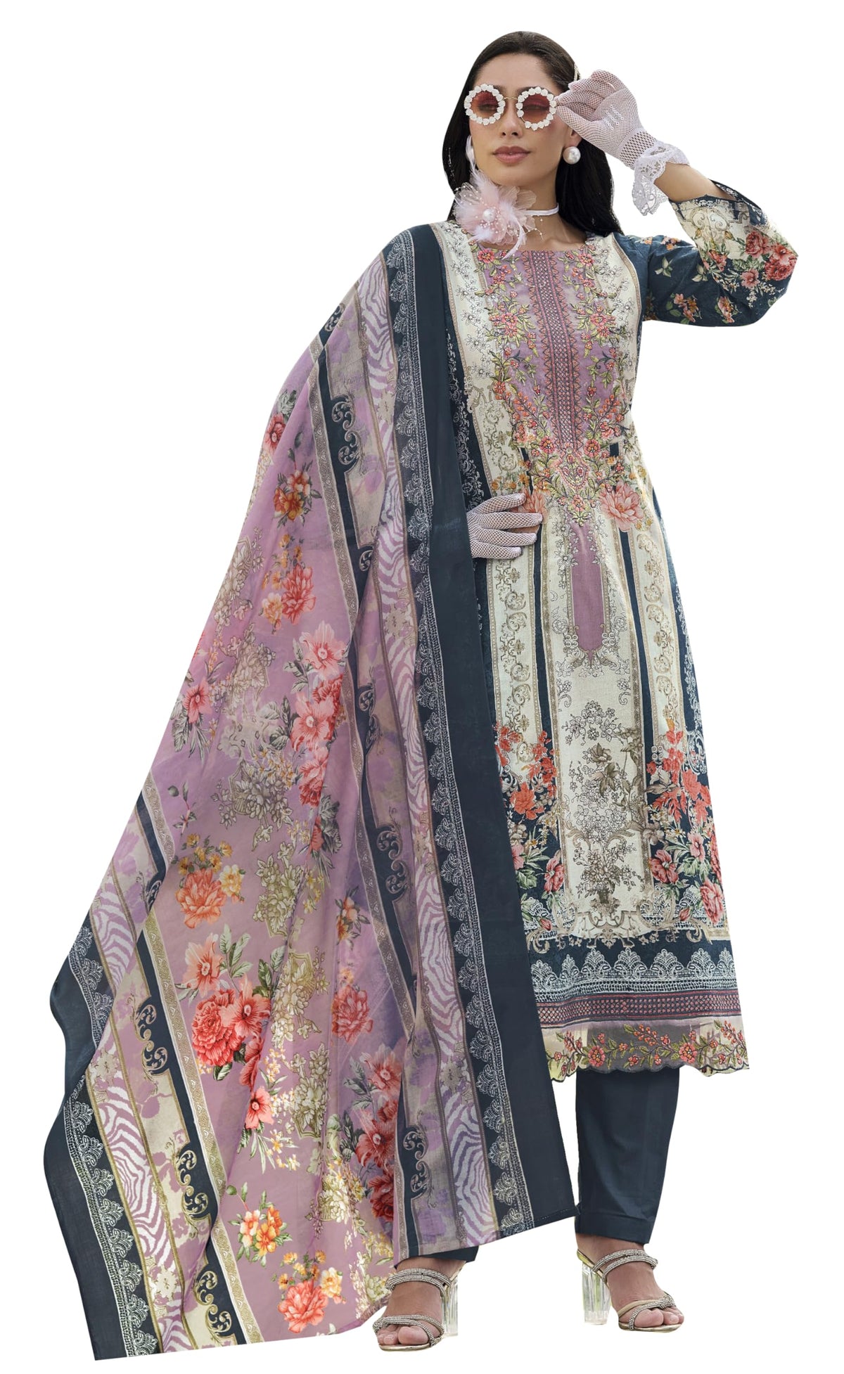DRAVINAM Trends Kurti 2.50 mtrs,Soft Cotton Salwar(3 mtrs apx),Soft Cotton Mal mal dupatta(2.30 mtr) Unstitched Material Embroided|Yellow