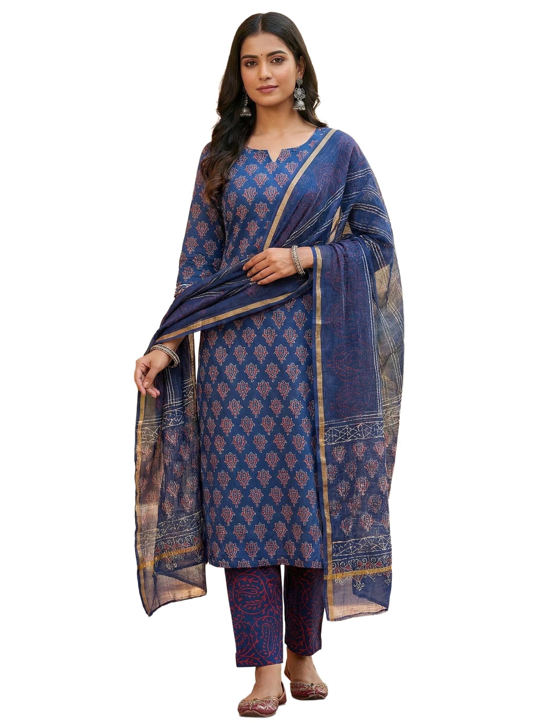 DRAVINAM Trends Sanganeri Hand Block Print Pure Cambric Unstitched Cotton Suit Dress Material with Kota Doriya Hand Printed Dupatta