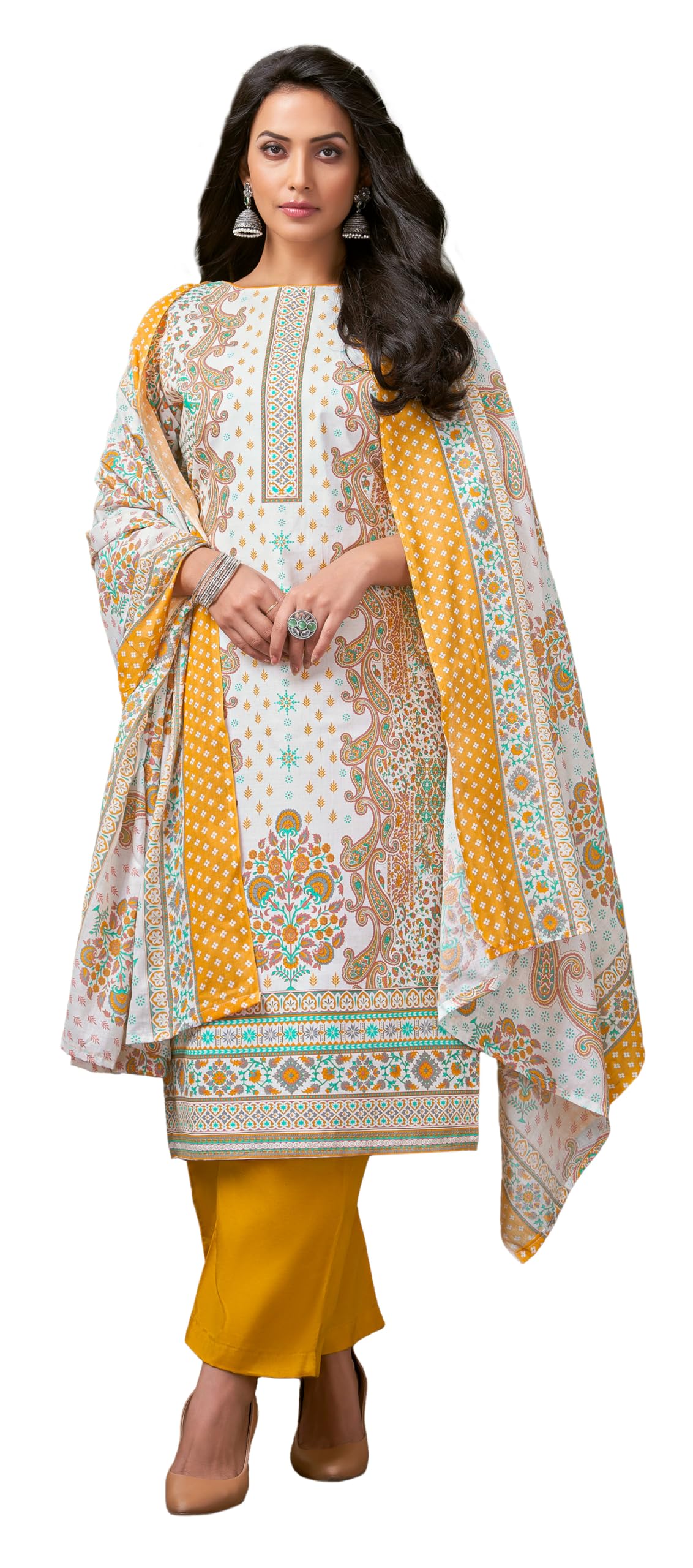 DRAVINAM Trends Pure Cotton Printed Dress Material Salwar Siroski Work Suit with Unstitched Bottoms and Cotton Dupatta