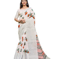DRAVINAM Trends Women's Soft Cotton Printed White Saree with Big Silver Jacquard Border and Blouse Piece