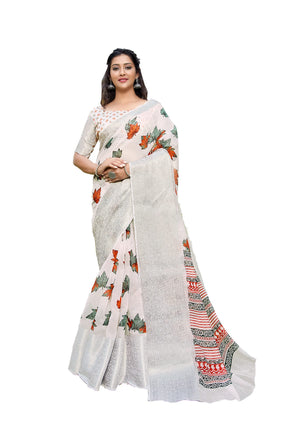 DRAVINAM Trends Women's Soft Pure Cotton Printed White Saree with Silver Jacquard Border and Unstitched Blouse Piece