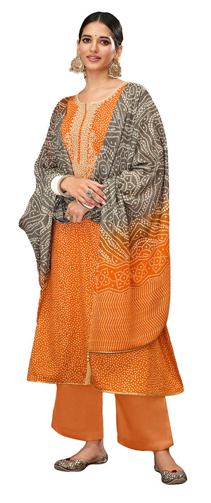 DRAVINAM Trends Unstitched Bandhani Printed Pure Jam Cotton Suit Material with Embroidery and Pure Maslin Dupatta