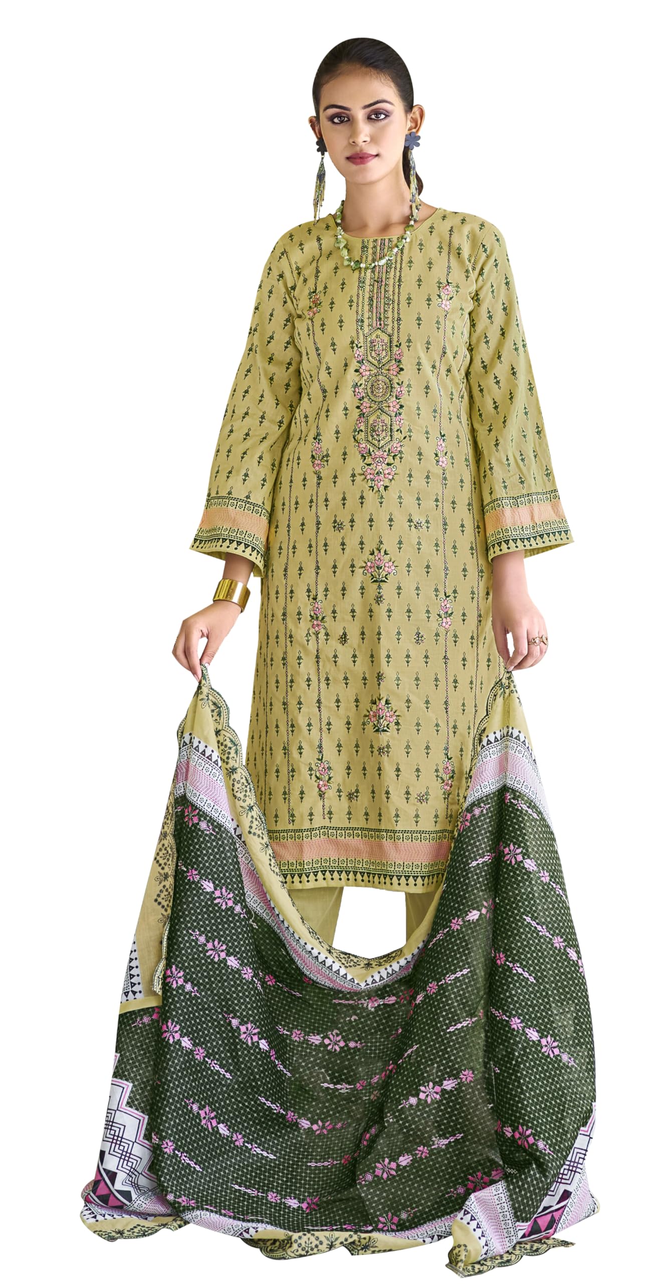 DRAVINAM Trends Women's Unstitched Pakistani Digital Print Embroidered Pure Cotton Salwar Suit Dress Materials with Cotton Embroidered Cutwork Dupatta
