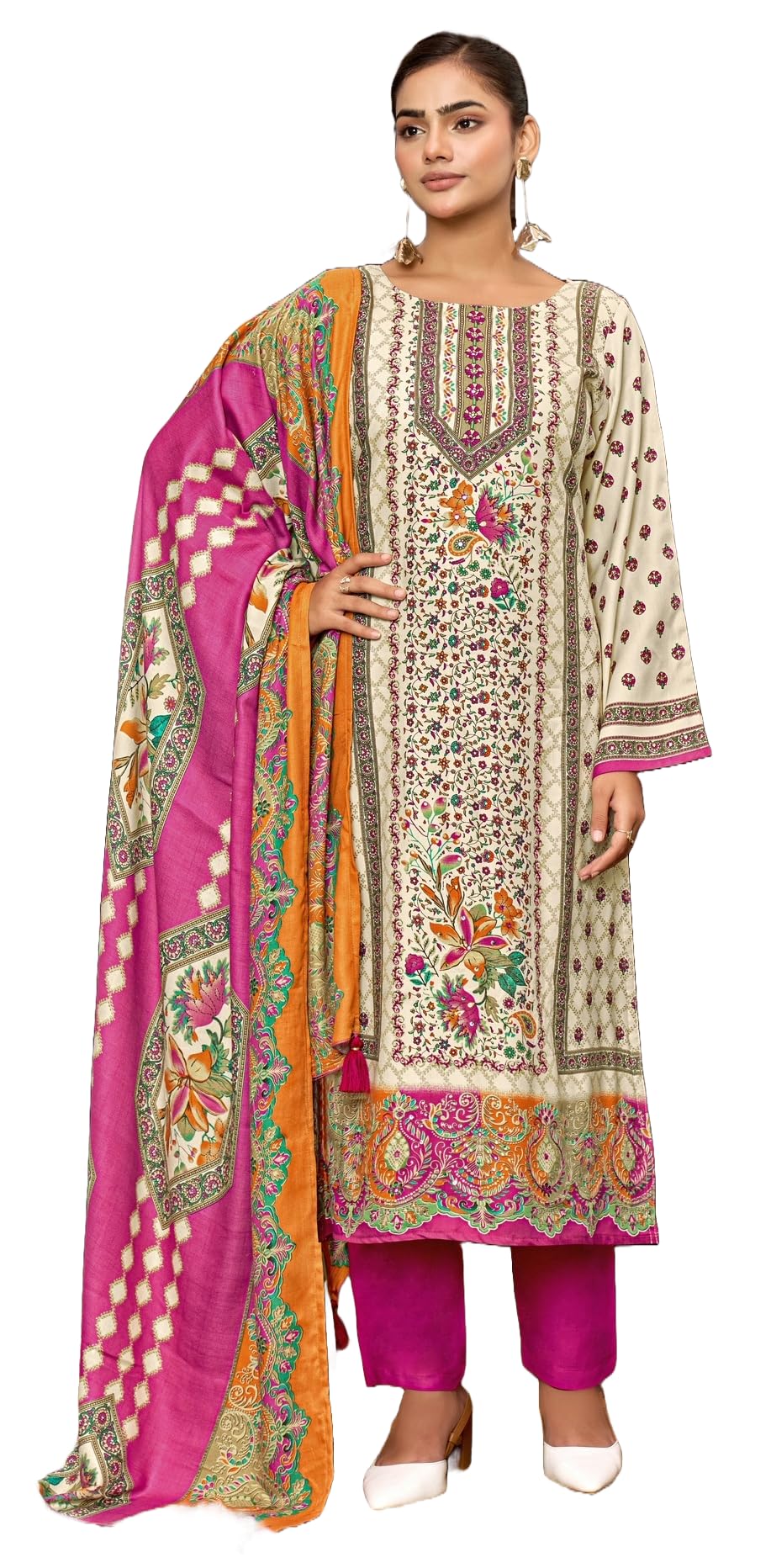 DRAVINAM Trends Women's Winter Wear Unstitched Digital Kani Printed Viscose Pashmina Woollen Salwar Suit Dress Material with Khatli Work Foil touchup and Pashmina Digital Printed Shawl Dupatta