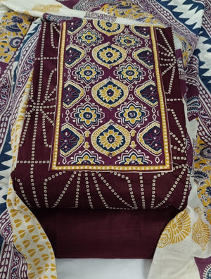 DRAVINAM Trends Women's Cambric Cotton Dress Material | Unstitch Kalamkari Printed Suit Set with Cotton Dupatta