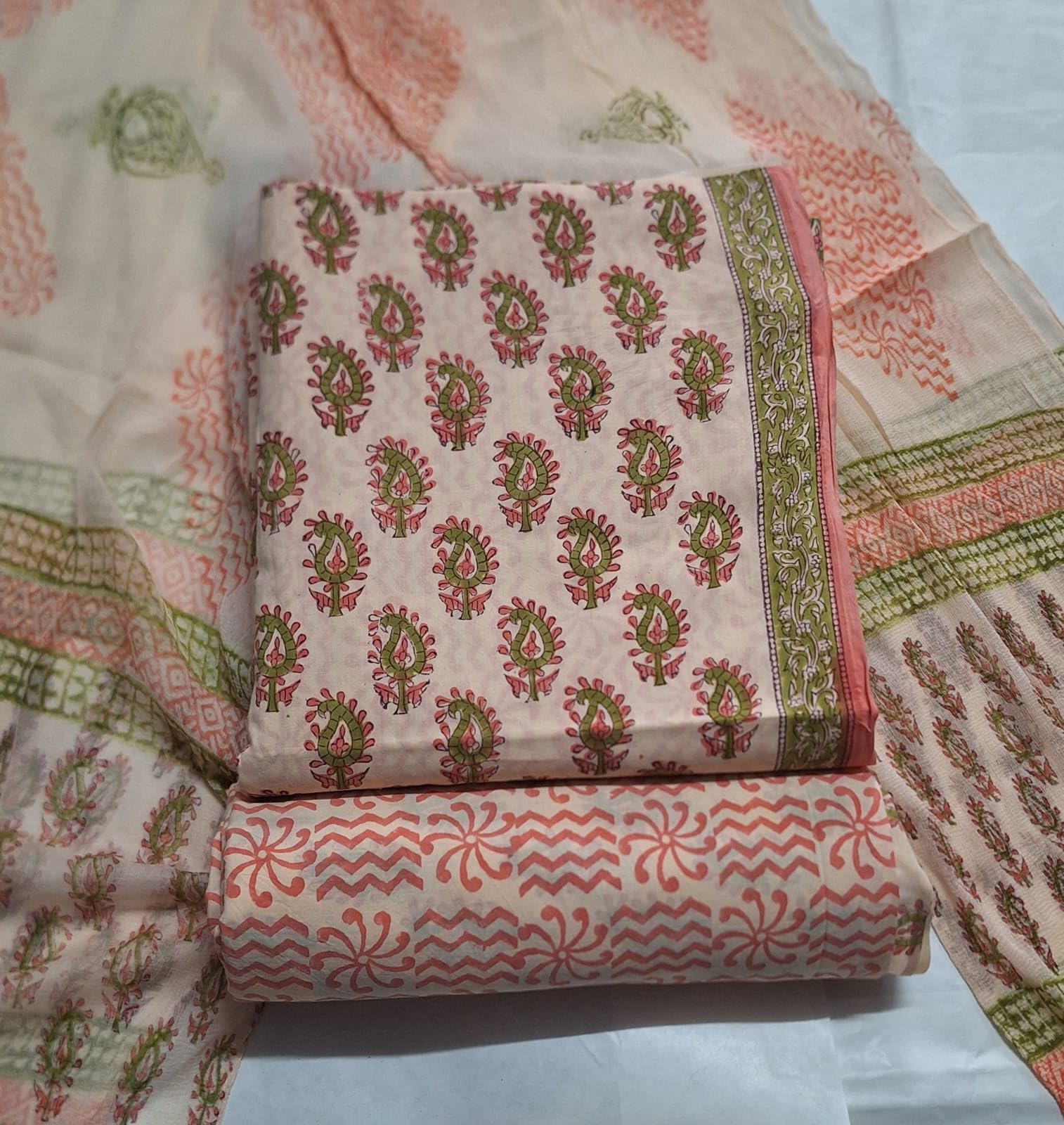 DRAVINAM Trends Hand Block Print Cambric Cotton Unstitched Salwar Suit Set for Women with Pure Chiffon Hand Printed Dupatta