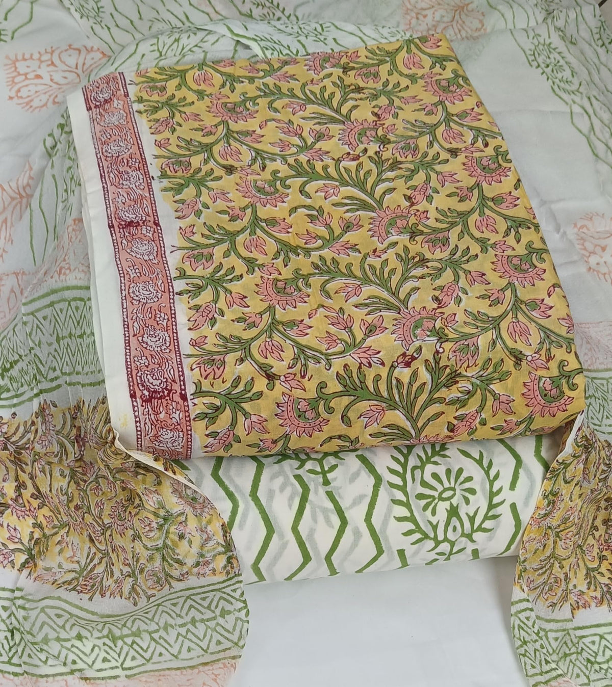 DRAVINAM Trends Hand Block Print Cambric Cotton Unstitched Salwar Suit Set for Women with Pure Chiffon Hand Printed Dupatta