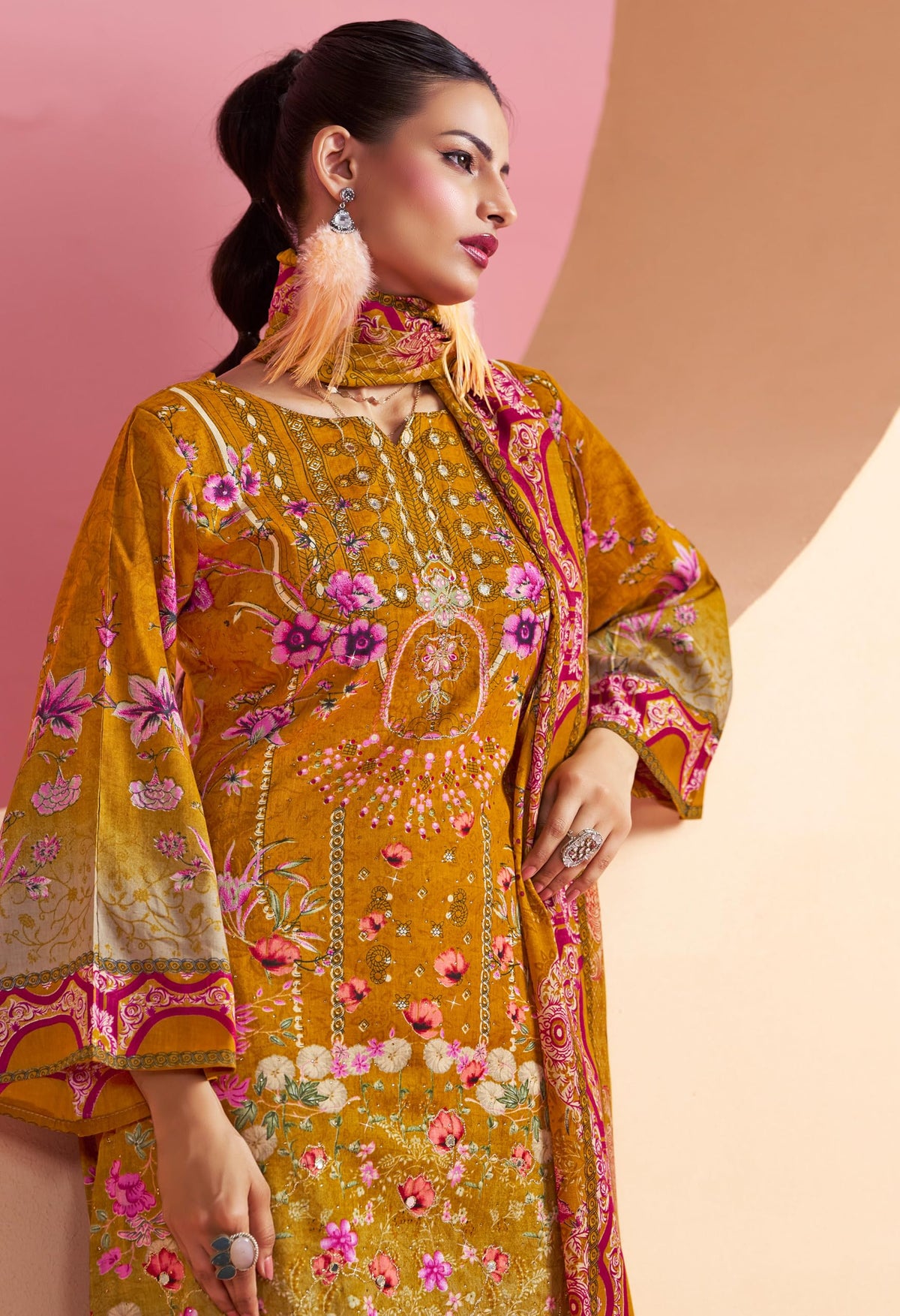 DRAVINAM Trends Cotton Pakistani Embroidered Suit Dress Material with Unstitched Bottoms and Cotton Dupatta
