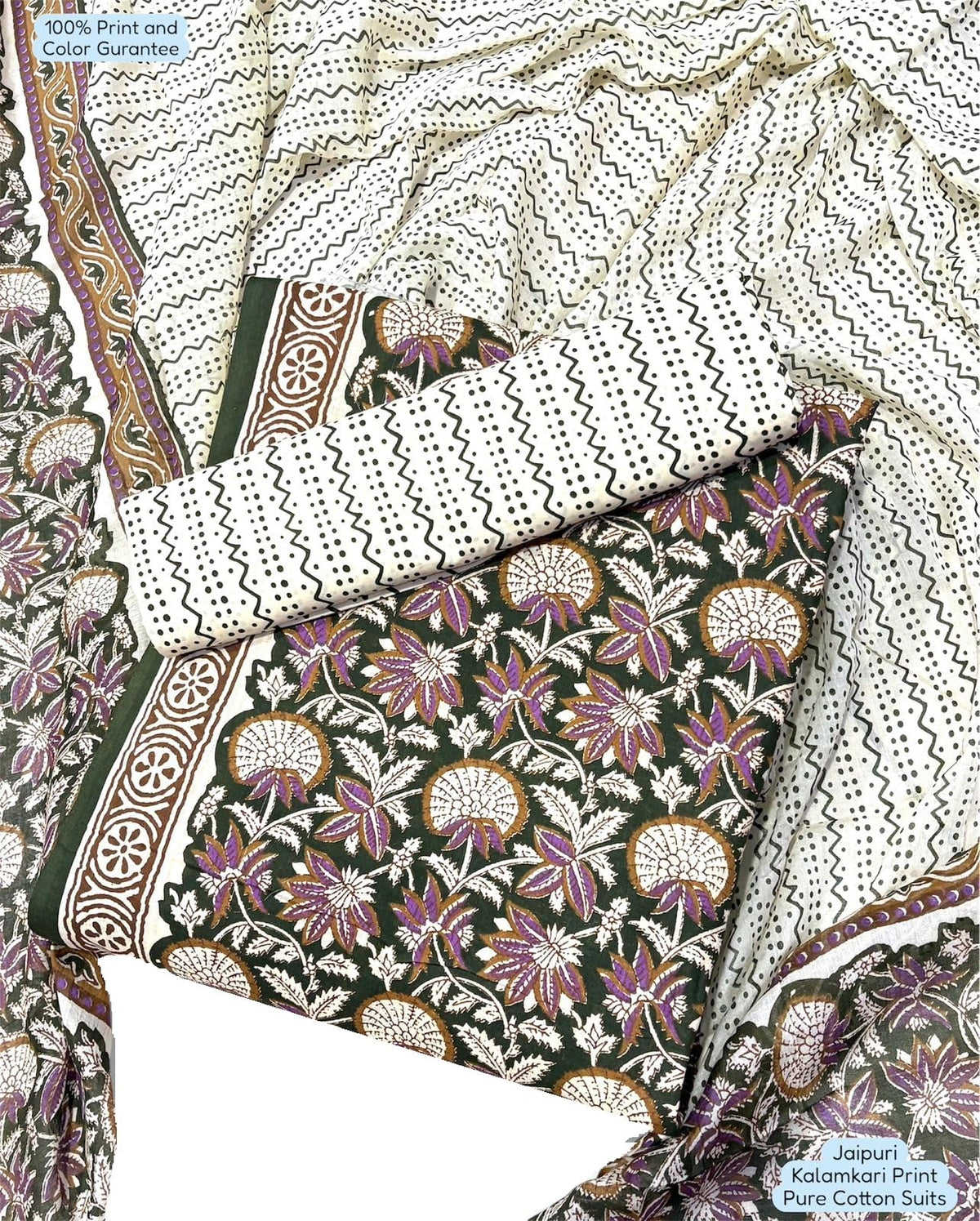 DRAVINAM Trends Unstitched Jaipuri Handmade Traditional Kalamkari Print Soft Cotton Dress Material with Cotton Dupatta