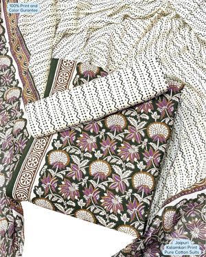DRAVINAM Trends Unstitched Jaipuri Handmade Traditional Kalamkari Print Soft Cotton Dress Material with Cotton Dupatta